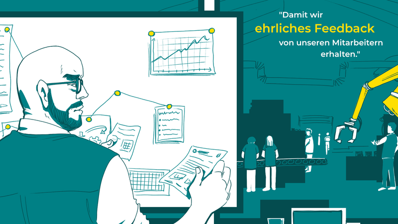 Unternehmer betrachtet kritisch auf Diagramme auf einem White-Board. Im Bild steht: Damit wir ehrliches Feedback von unseren Mitarbeitern erhalten.